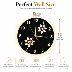 Flower Wooden Clock With LED Light Black Gold 12