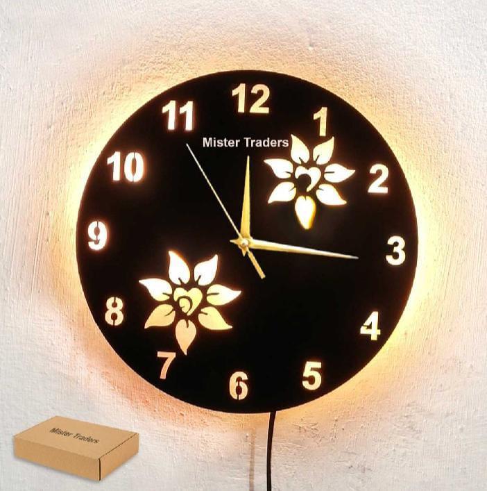 Flower Wooden Clock With LED Light Black Gold 12