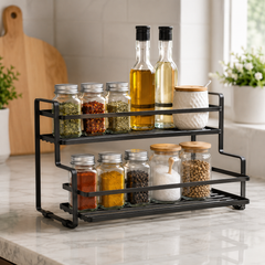 Black Two-Tier Spice Rack for Kitchen Organization