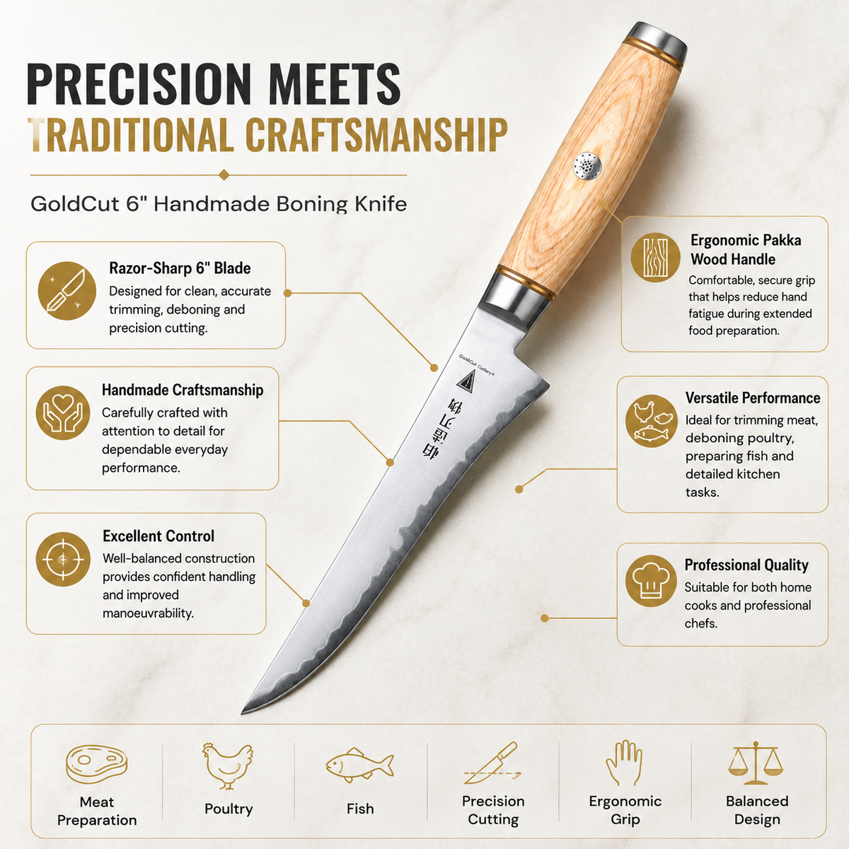 GoldCut 6'' Handmade Boning Knife Meat Cutting Japanese Kitchen Chef Knives Sharp Fish Knife Pakka Wood Handle for Chefs