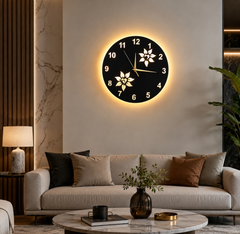 Flower Wooden Clock With LED Light Black Gold 12