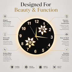 Flower Wooden Clock With LED Light Black Gold 12